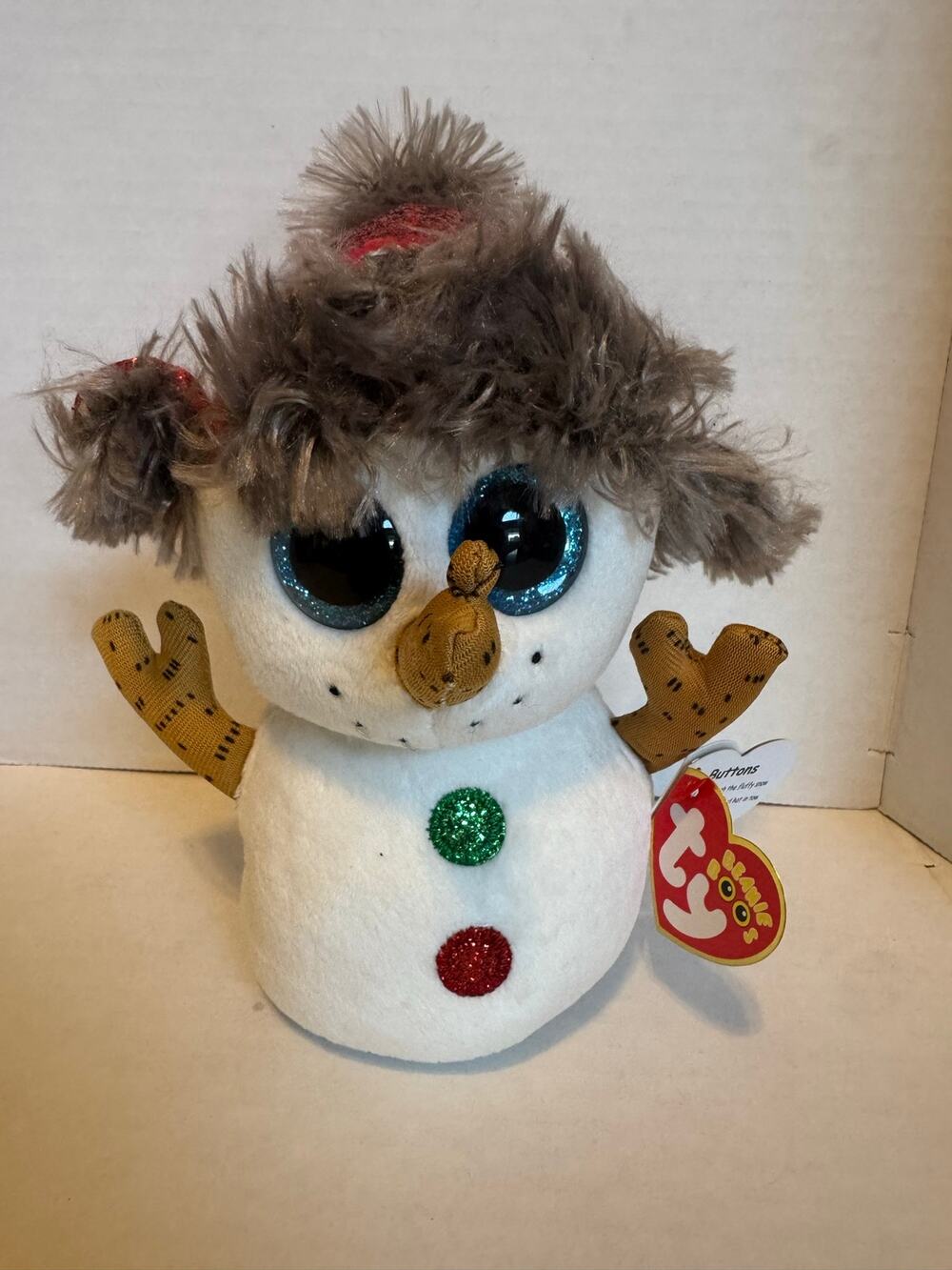 Ty Beanie Boos Buttons Snowman Christmas Plush Blue Glitter Eyes w/ Tags